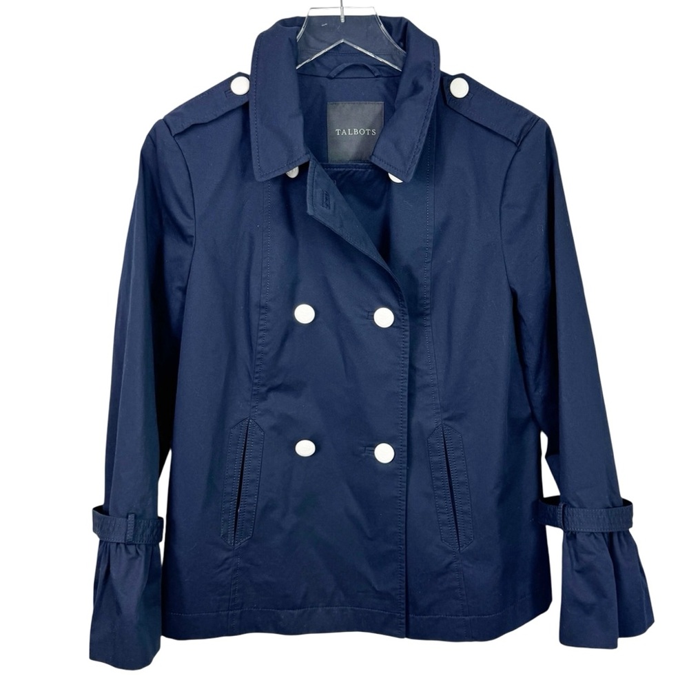 NWOT Talbots Navy Double Breasted Cotton Peacoat Gathered Bell Sleeves Women's M